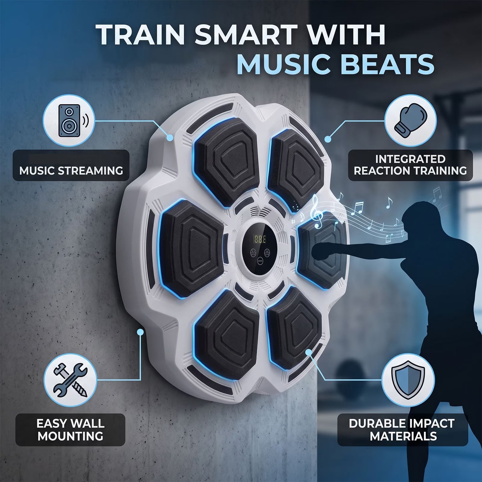 Music Boxing Machine Bluetooth Wall Mounted Smart Boxing Training Punching Equipment with Gloves for Adults Home Indoor Gym